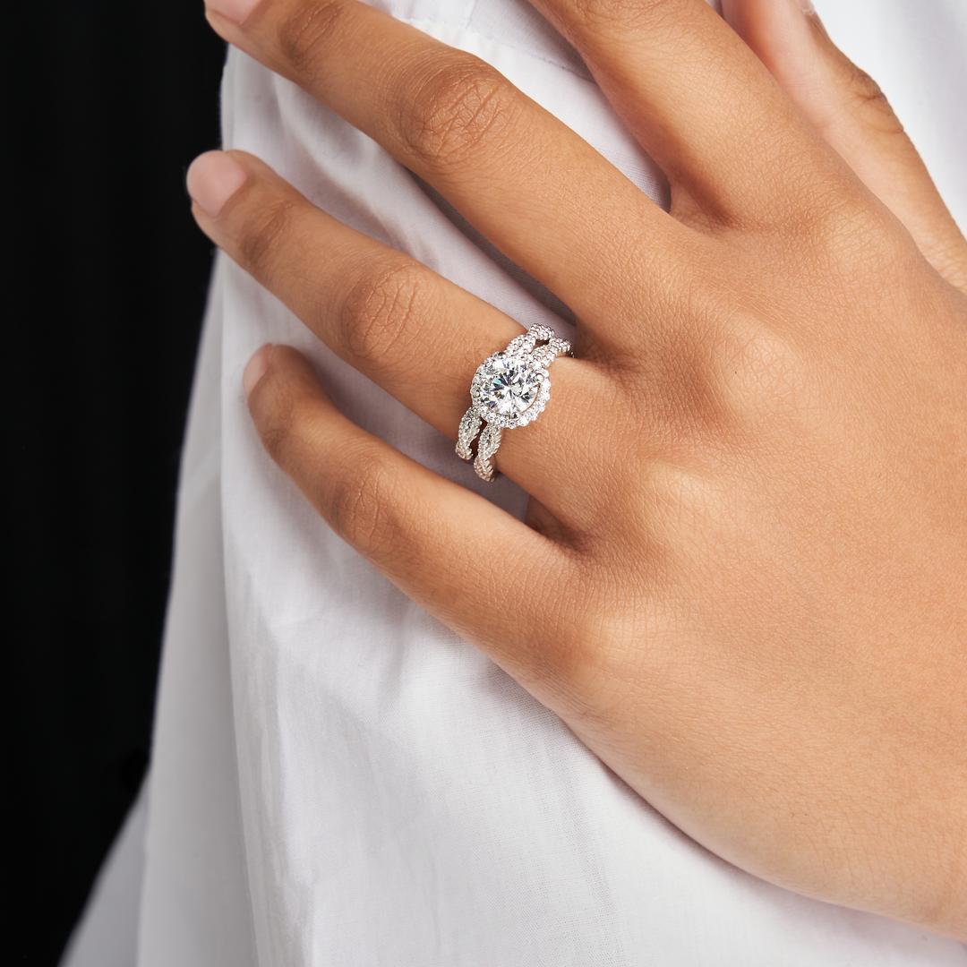 Elsa Halo with Twisted Pavé Band Engagement Ring with Moissanite (7283140952248)